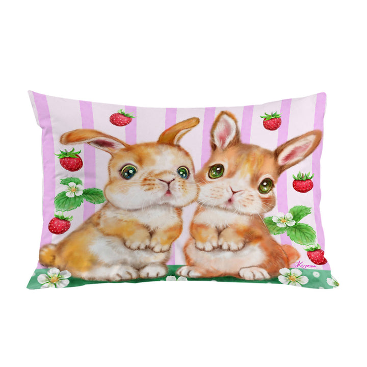 Cute Kids Art Designs Bunnies and Strawberries Pillowcase