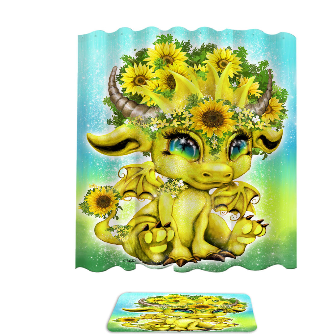 Cute Kids Bathroom Shower Curtains Fantasy Creature Sunflower Lil Dragon