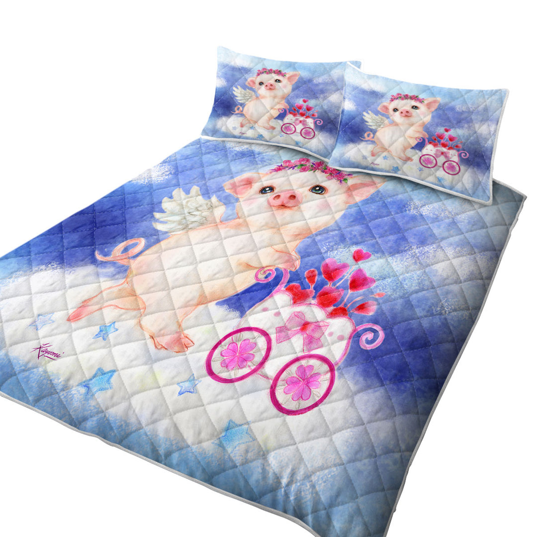 Cute Kids Design Heart Angel Pig with Flowers California King Quilt Sets