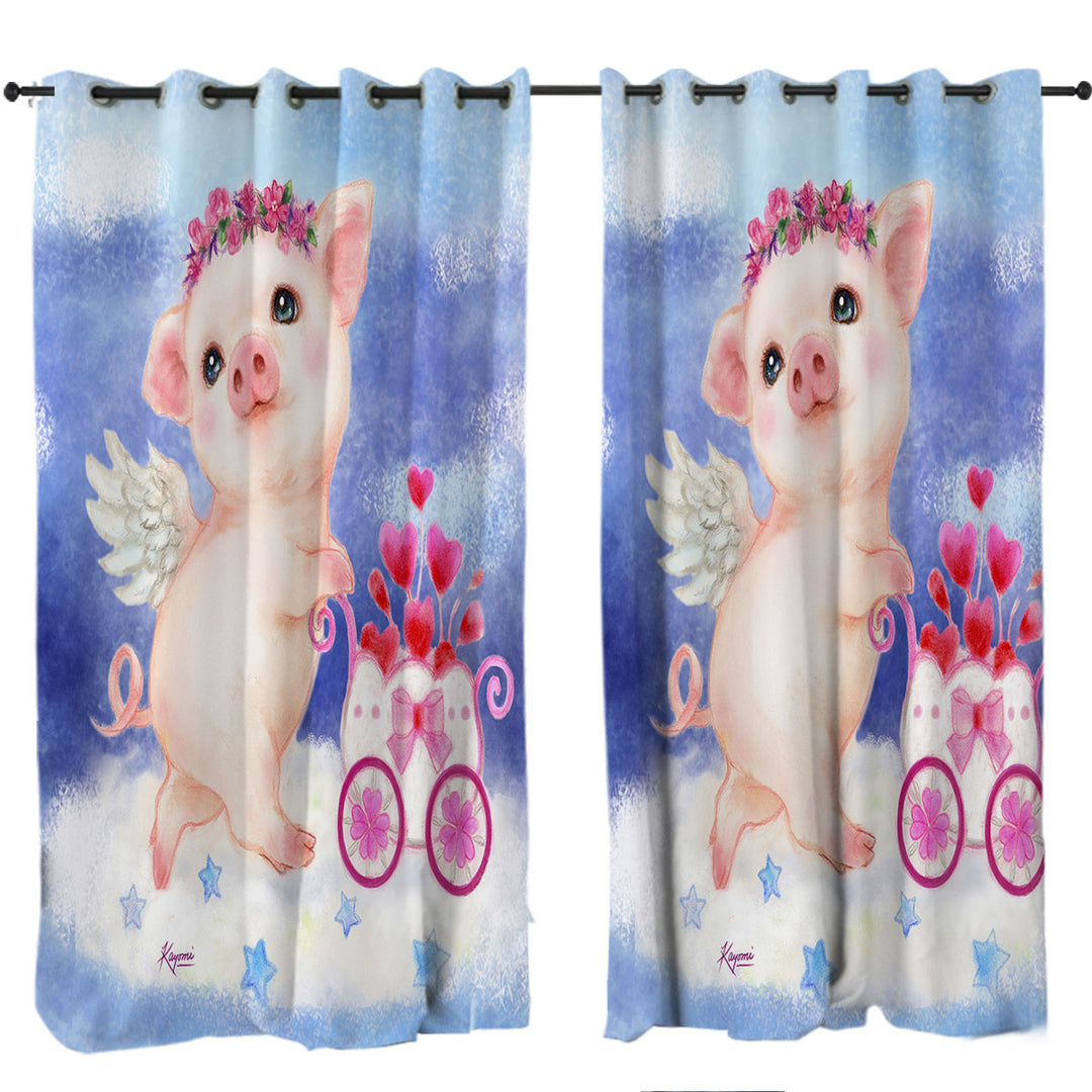 Cute Kids Design Heart Angel Pig with Flowers Curtains for Bedroom