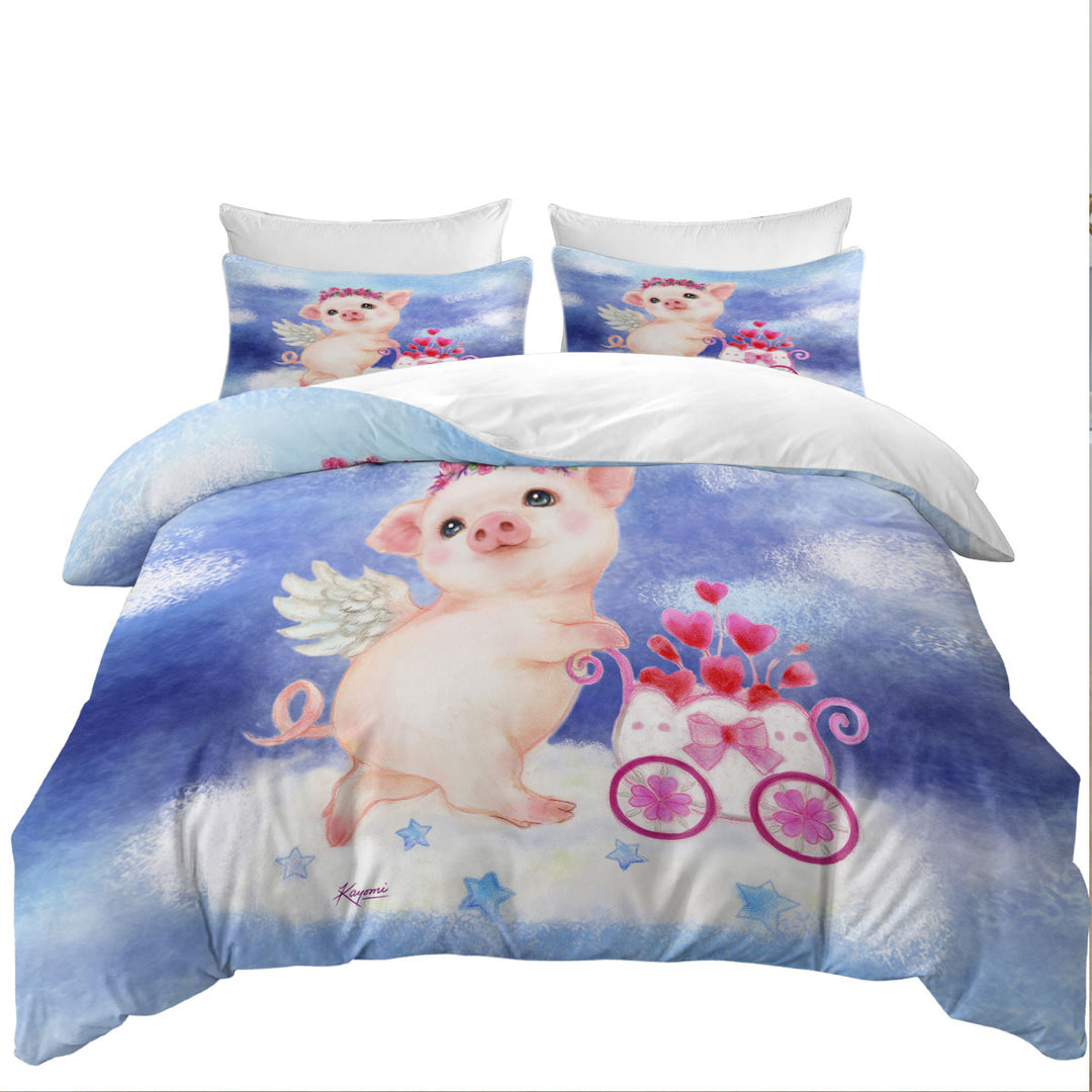 Cute Kids Design Heart Angel Pig with Flowers Oversized King Duvet Cover