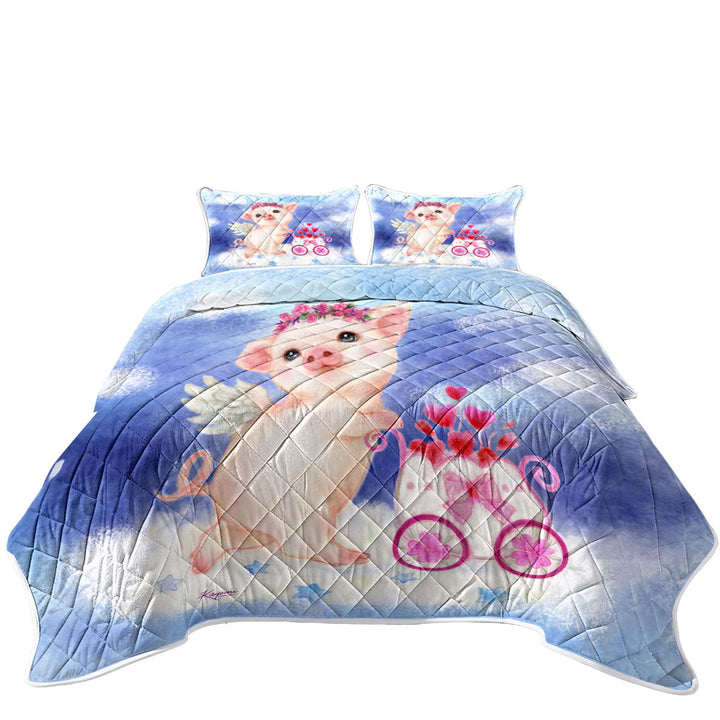 Cute Kids Design Heart Angel Pig with Flowers Quilt