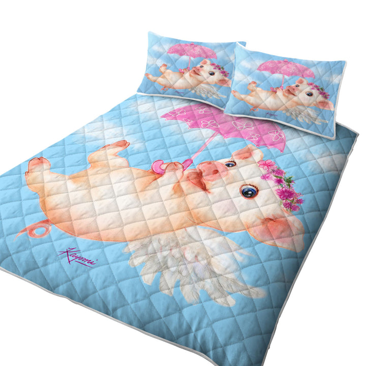 Cute Kids Design Pink Umbrella Angel Pig Coverlets