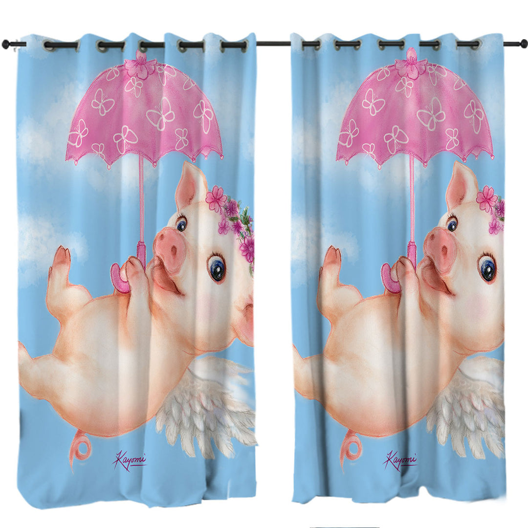 Cute Kids Design Pink Umbrella Angel Pig Curtains