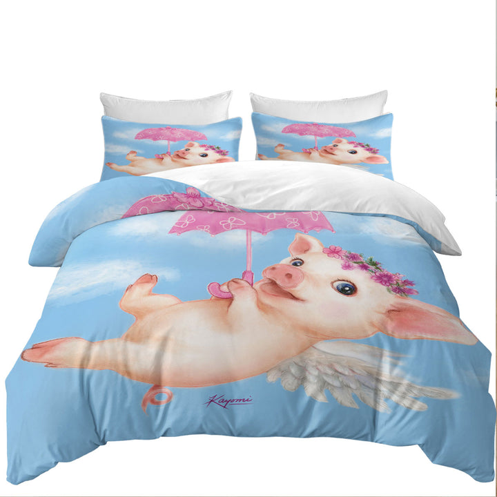 Cute Kids Design Pink Umbrella Angel Pig Duvet Covers