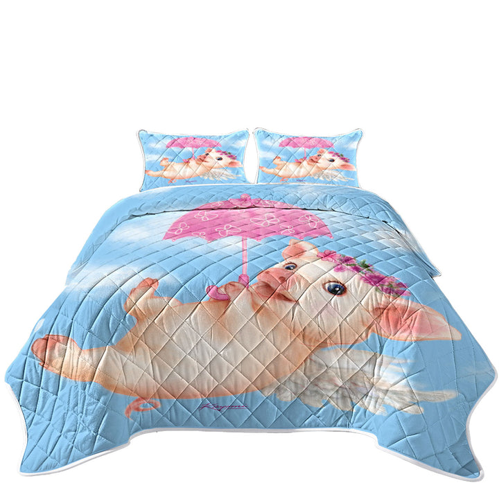 Cute Kids Design Pink Umbrella Angel Pig King Size Quilt Sets