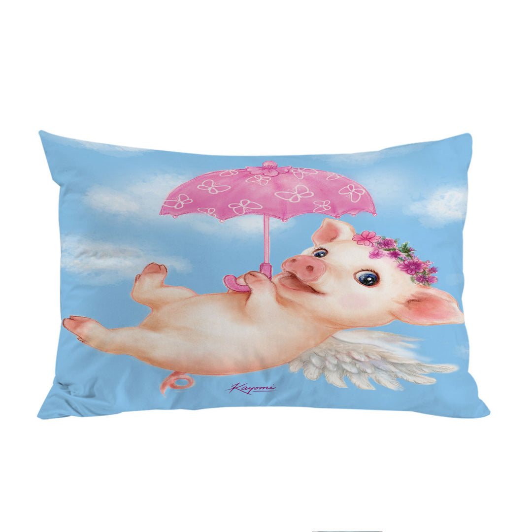 Cute Kids Design Pink Umbrella Angel Pig Pillowcase