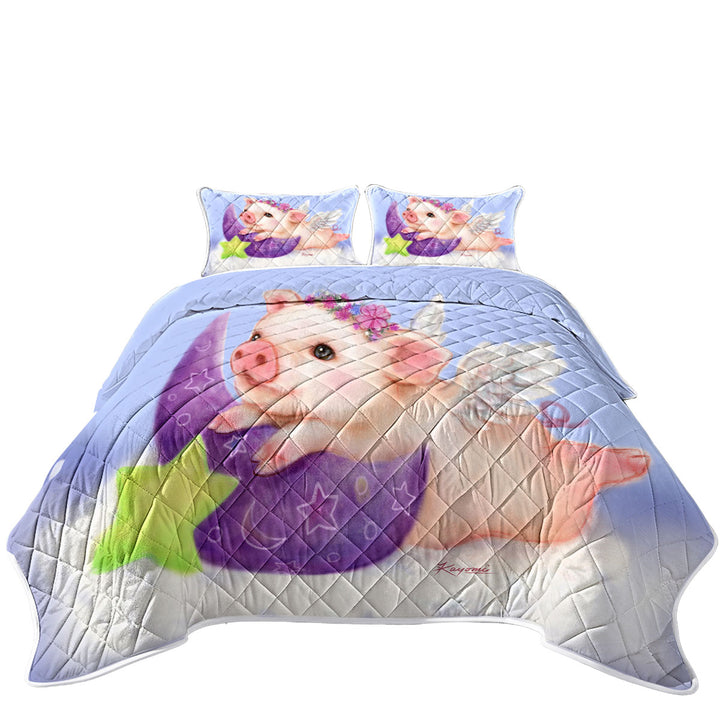 Cute Kids Design Purple Moon Angel Pig California King Quilt Sets