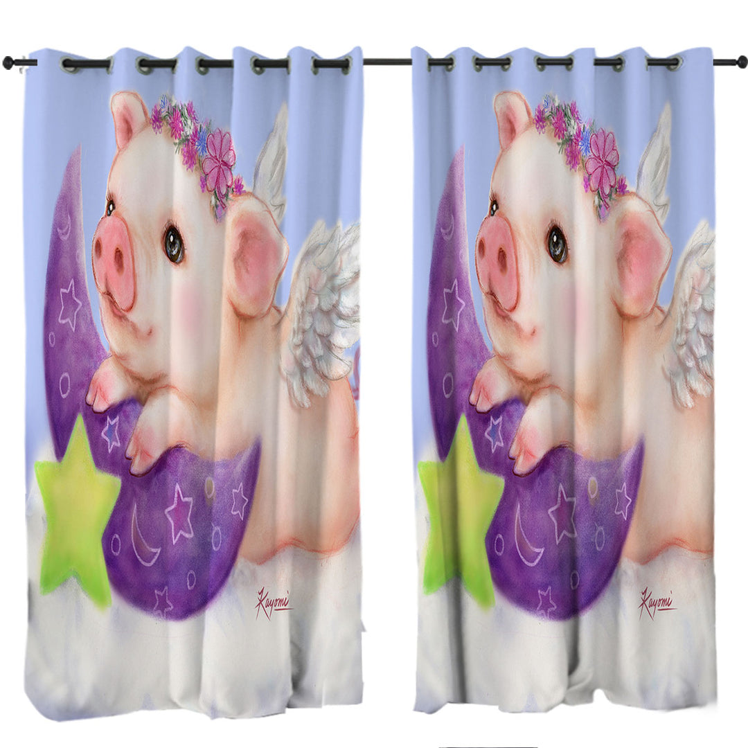 Cute Kids Design Purple Moon Angel Pig Curtains for Living Room