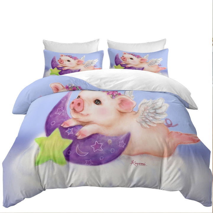 Cute Kids Design Purple Moon Angel Pig Duvet Cover