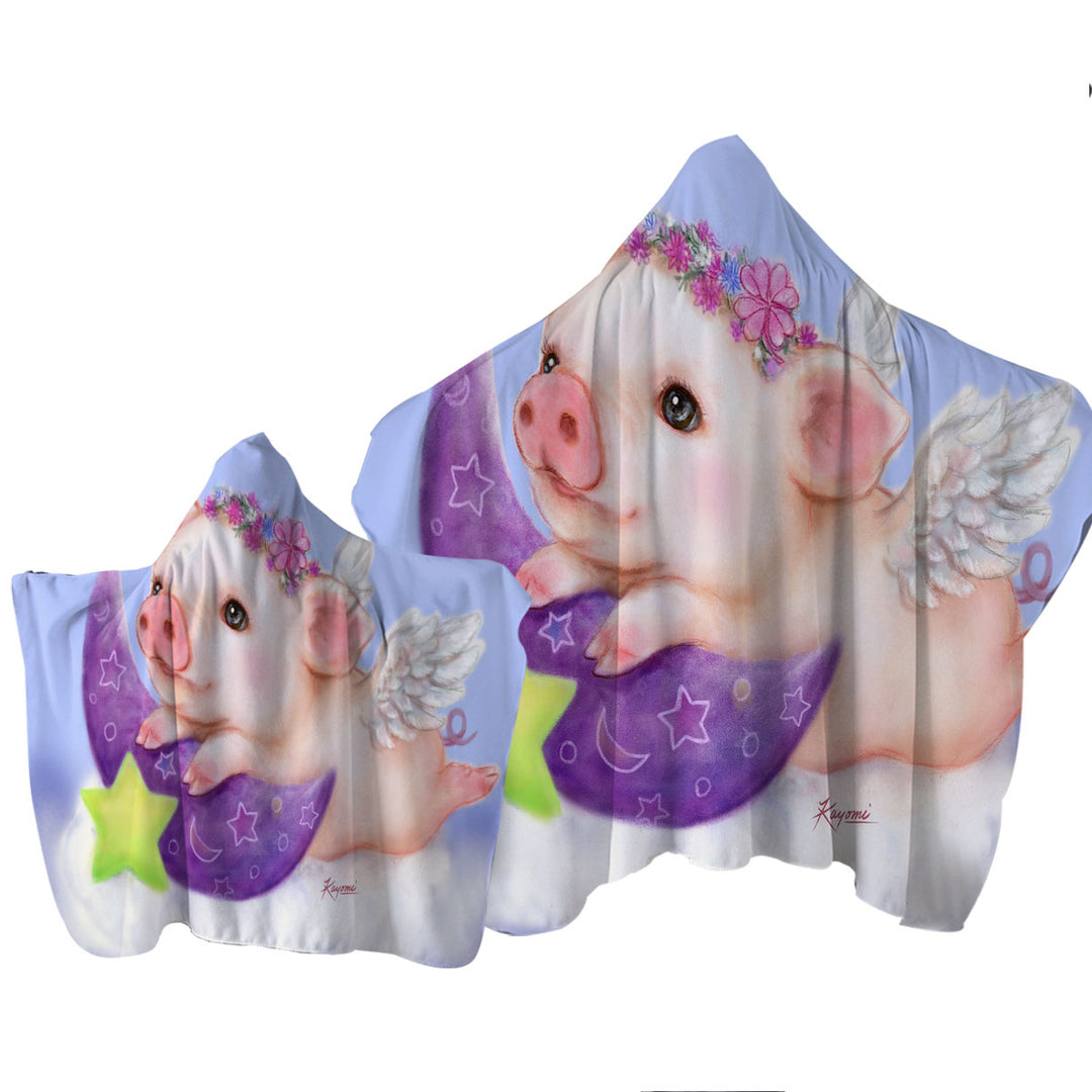 Cute Kids Design Purple Moon Angel Pig Hooded Beach Towel