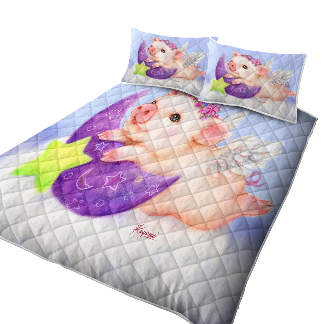 Cute Kids Design Purple Moon Angel Pig King Size Quilt Sets