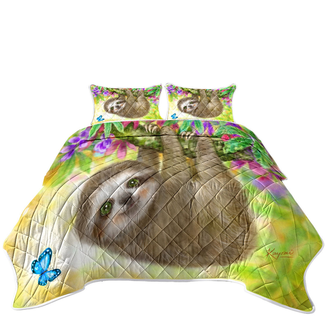 Cute Kids Design Sloth Baby Hanging from Branch California King Quilt Sets