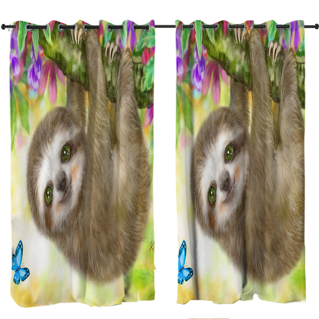 Cute Kids Design Sloth Baby Hanging from Branch Drapes and Curtains