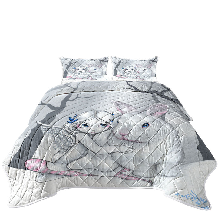Cute Kids Drawing Winter Fairy and Snow Bunny Quilts