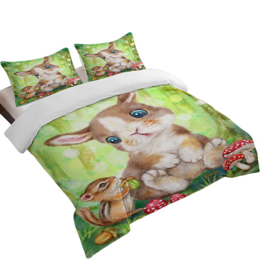 Cute Kids Drawings Mushrooms Bunny and Chipmunk Duvet Cover set