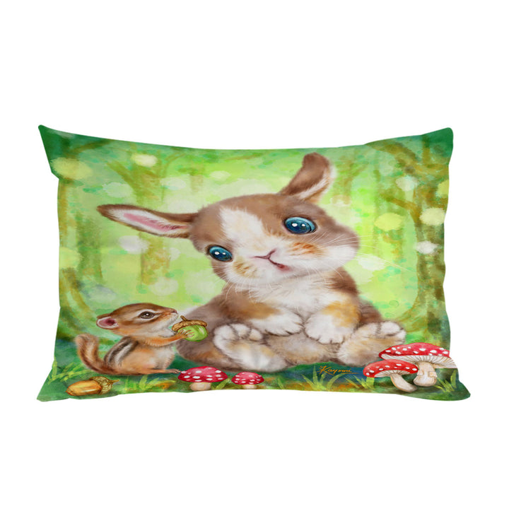 Cute Kids Drawings Mushrooms Bunny and Chipmunk Pillowcases