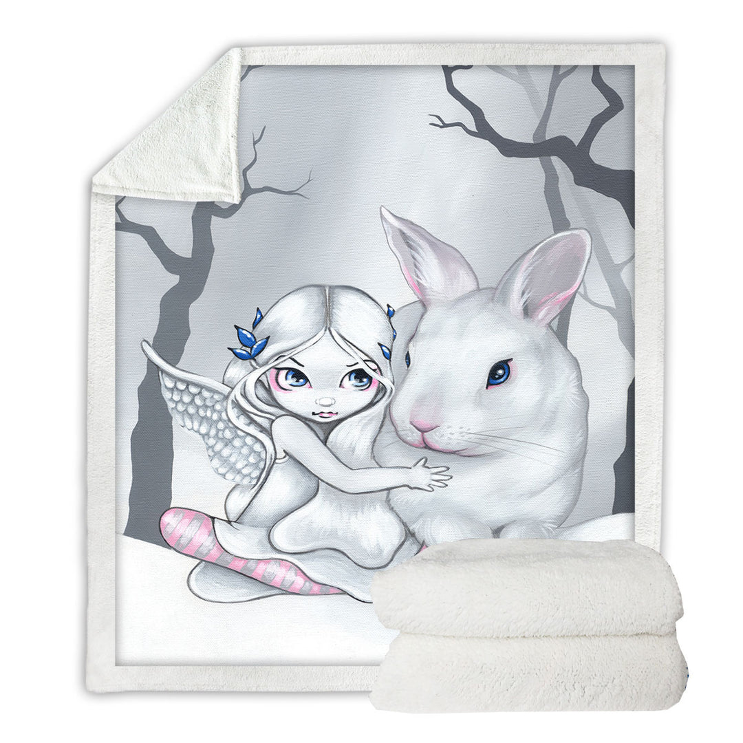 Cute Kids Fleece Blankets Drawing Winter Fairy and Snow Bunny