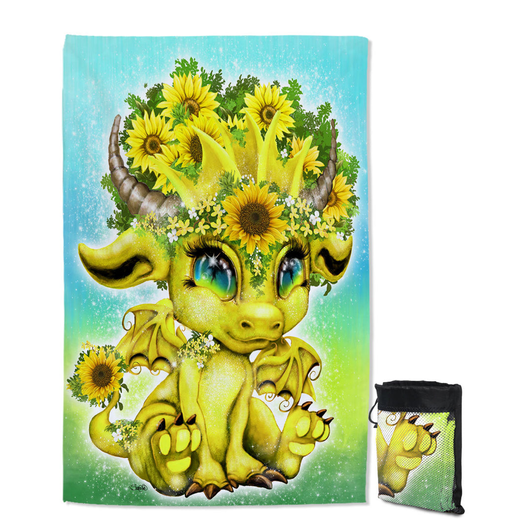 Cute Kids Lightweight Beach Towel Fantasy Creature Sunflower Lil Dragon