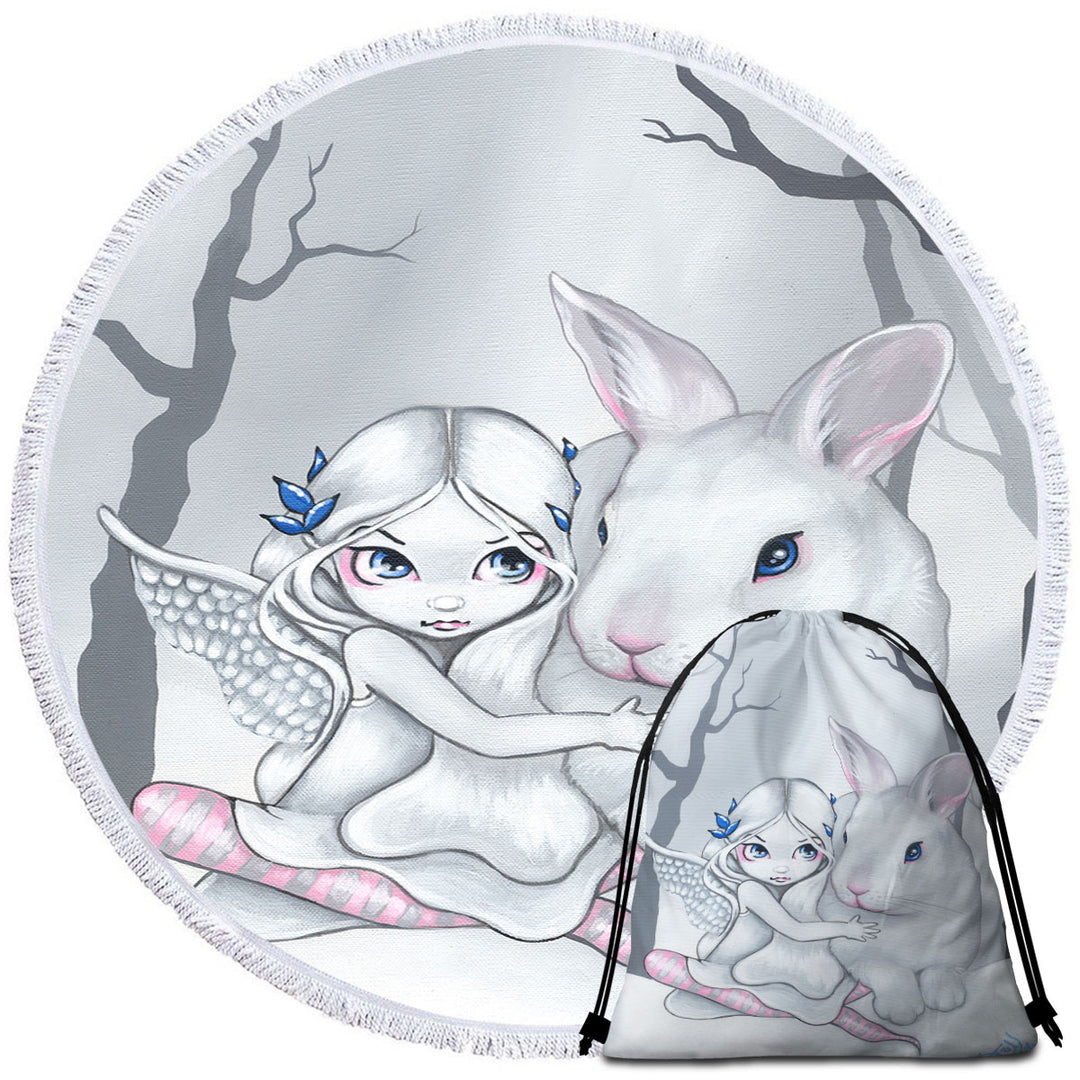 Cute Kids Round Beach Towels Drawing Winter Fairy and Snow Bunny