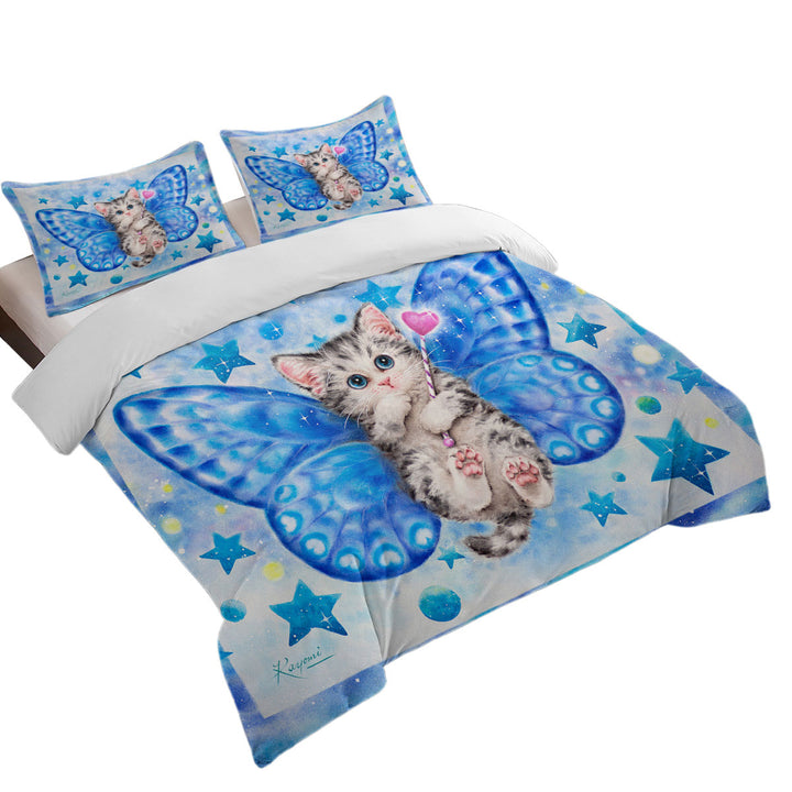 Cute Kitten Designs Blue Butterfly Kitty Cat Bed Covers