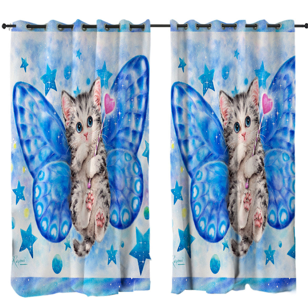 Cute Kitten Designs Blue Butterfly Kitty Cat Drapery