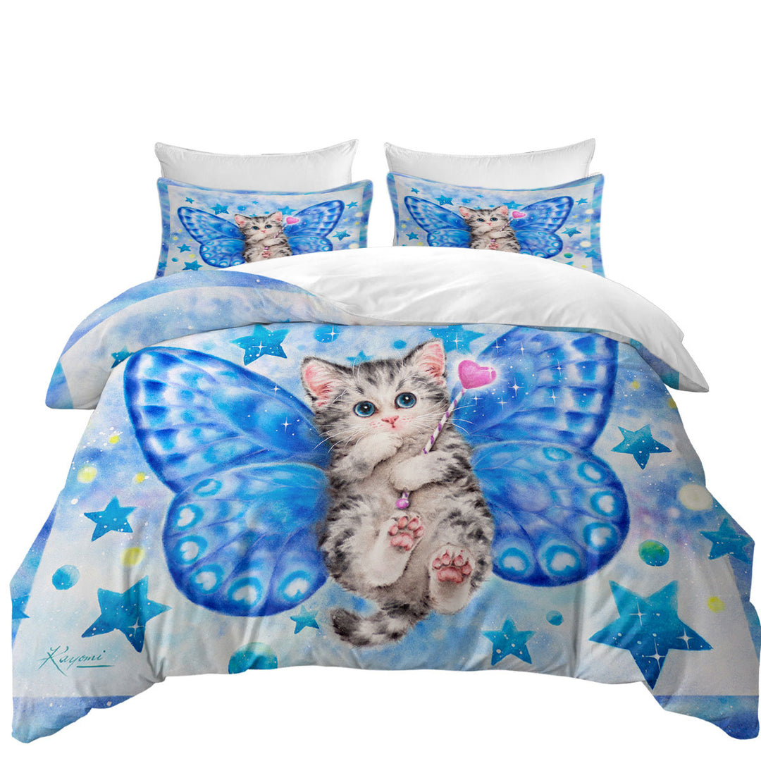 Cute Kitten Designs Blue Butterfly Kitty Cat Duvet Cover
