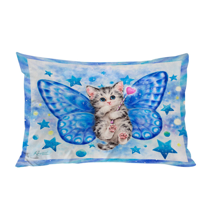 Cute Kitten Designs Blue Butterfly Kitty Cat Pillow Case Covers