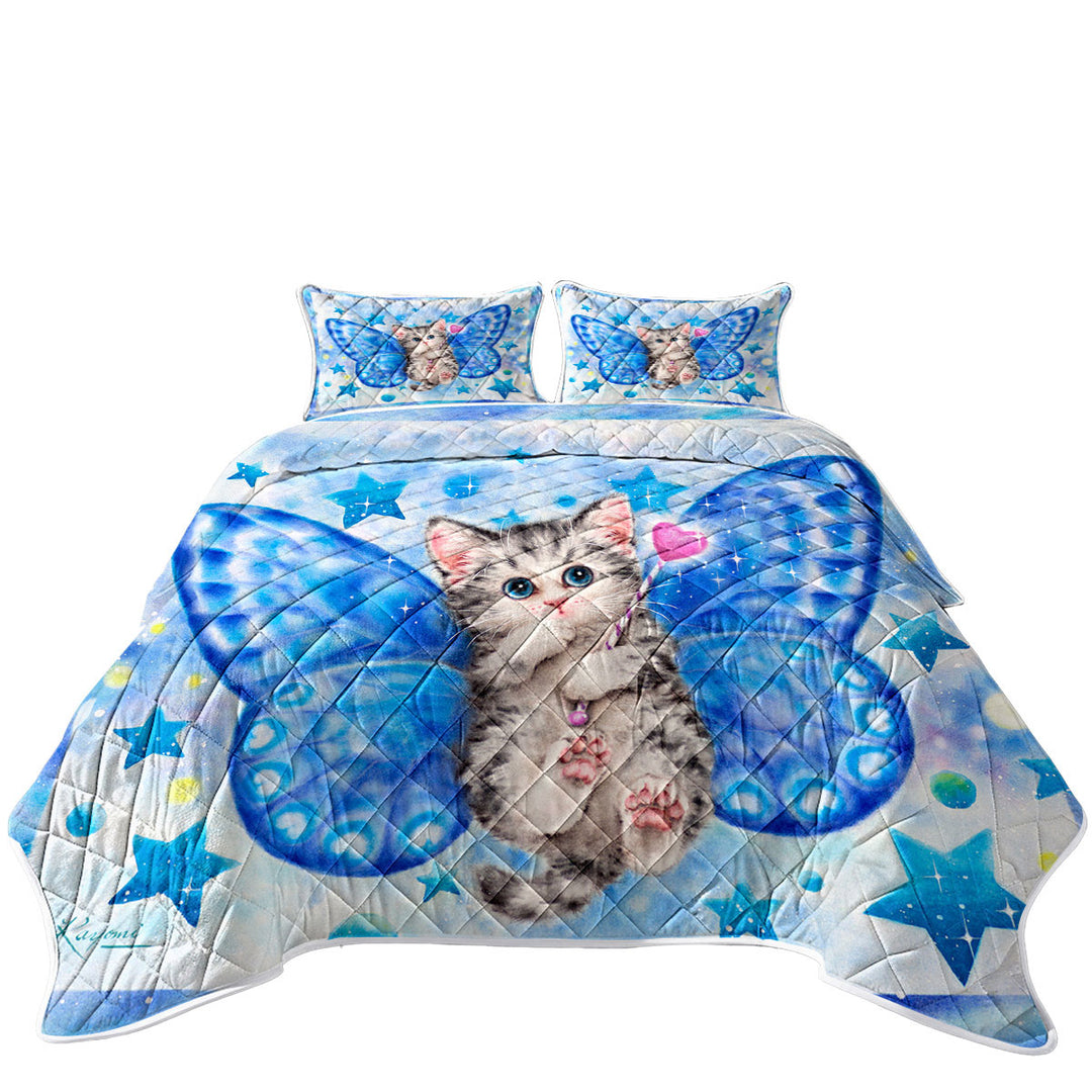 Cute Kitten Designs Blue Butterfly Kitty Cat Quilts for Beds