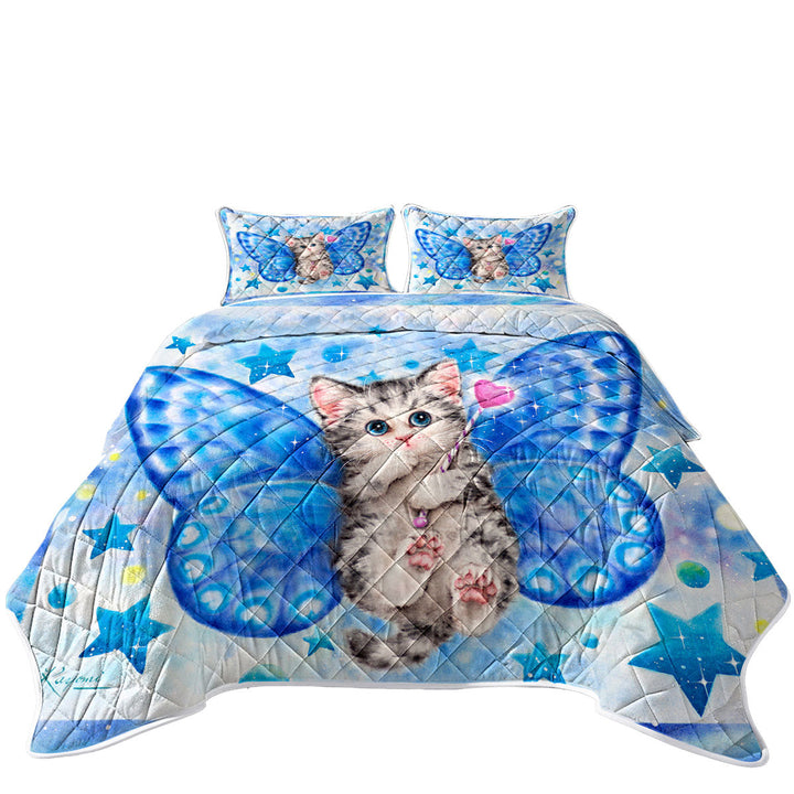 Cute Kitten Designs Blue Butterfly Kitty Cat Quilts for Beds