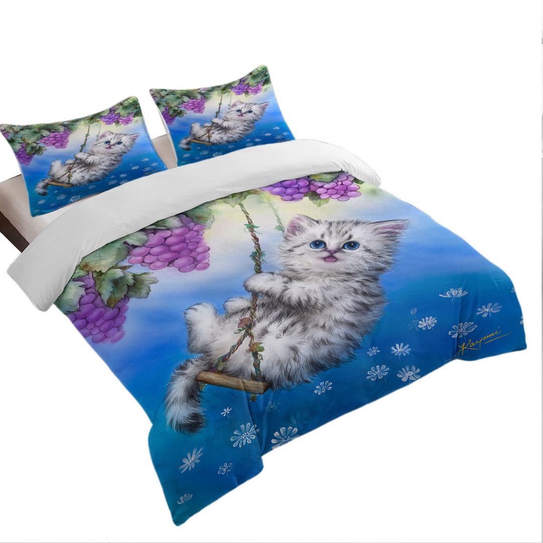Cute Kitty Cat Swinging in the Grape Vineyard Bed Covers