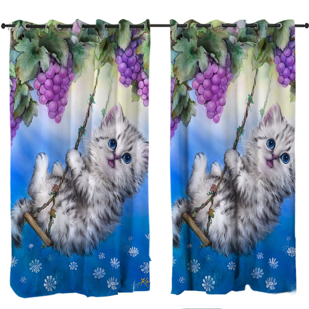 Cute Kitty Cat Swinging in the Grape Vineyard Curtains