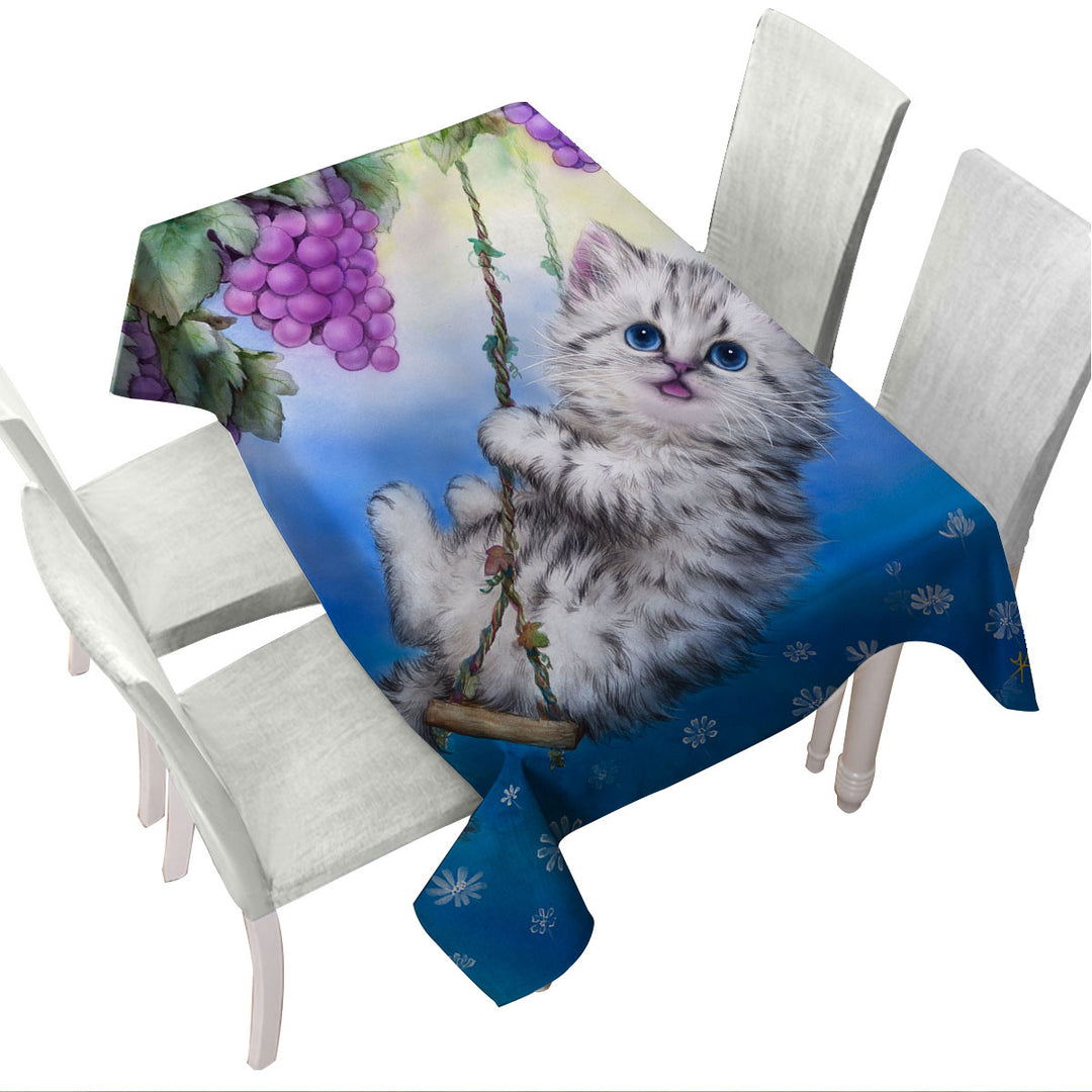 Cute Kitty Cat Swinging in the Grape Vineyard Tablecloth