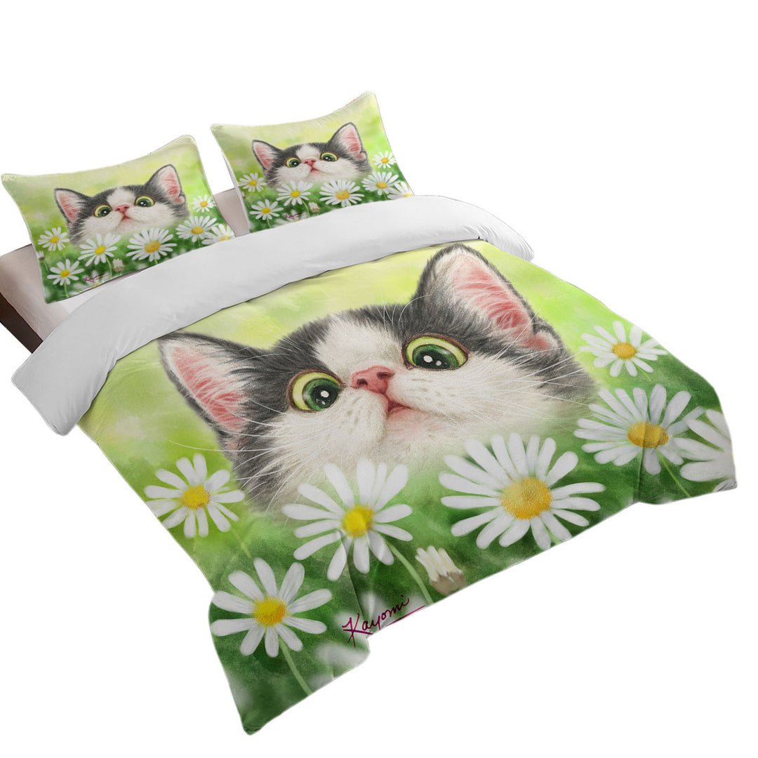 Cute Kitty Cat in the Daisy Flower Garden California King Duvet Cover