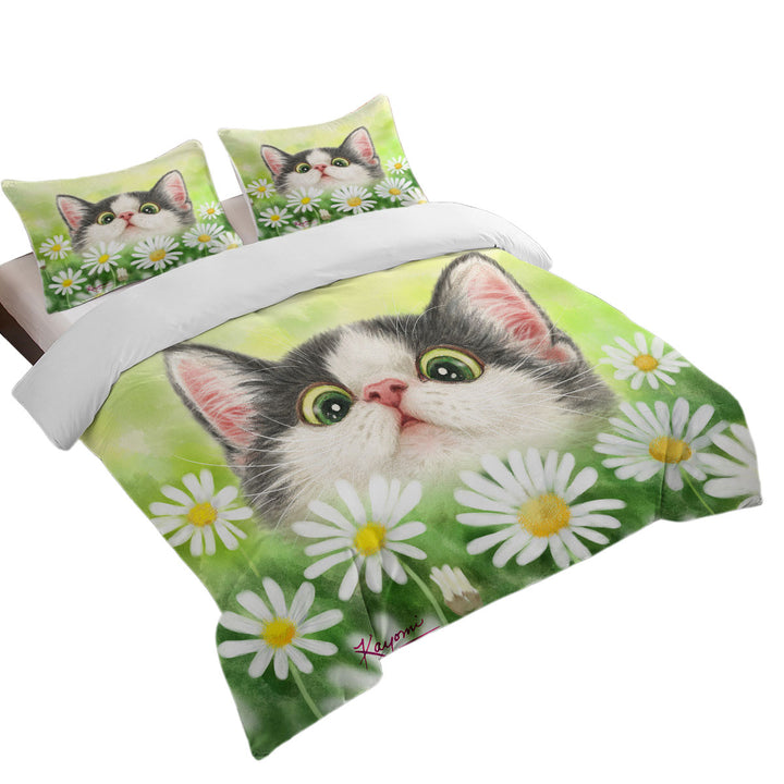 Cute Kitty Cat in the Daisy Flower Garden California King Duvet Cover