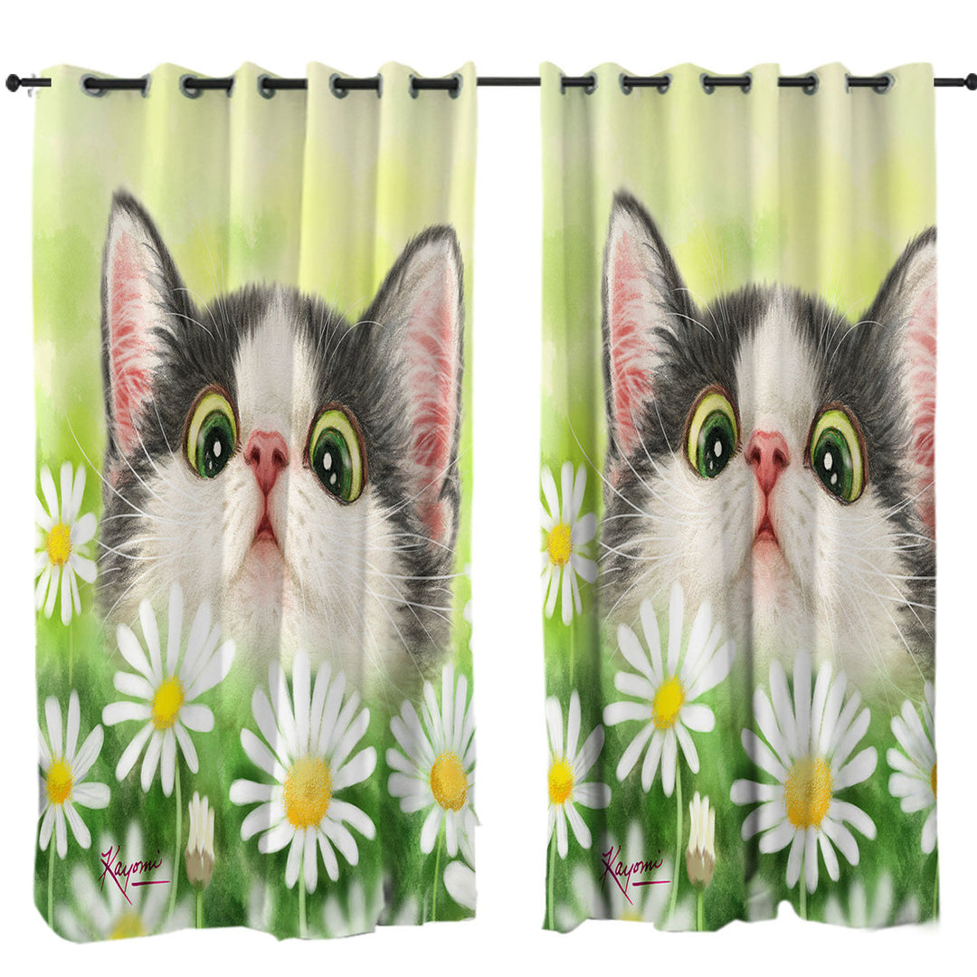 Cute Kitty Cat in the Daisy Flower Garden Drapes