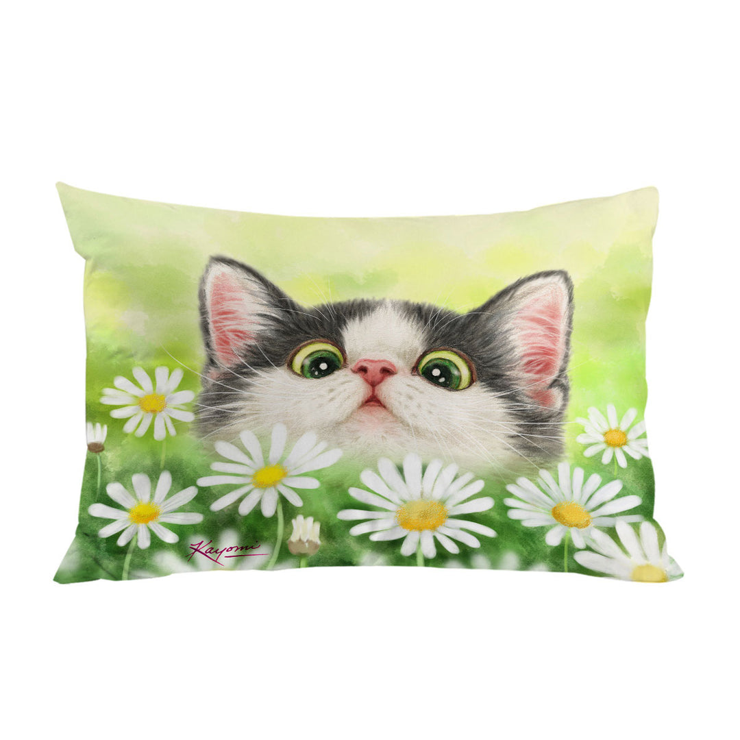 Cute Kitty Cat in the Daisy Flower Garden Pillow Cases