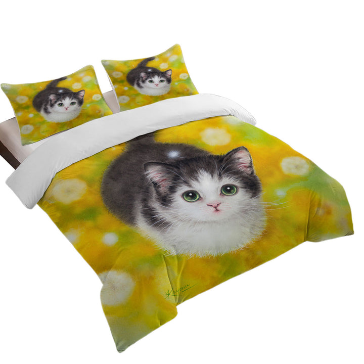 Cute Kitty Cat in the Dandelion Flower Garden Coverlets