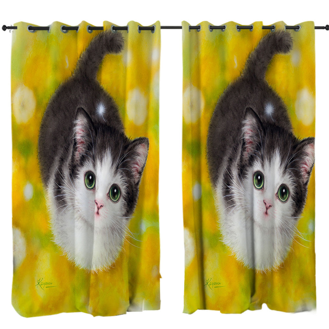 Cute Kitty Cat in the Dandelion Flower Garden Curtains for Bedroom