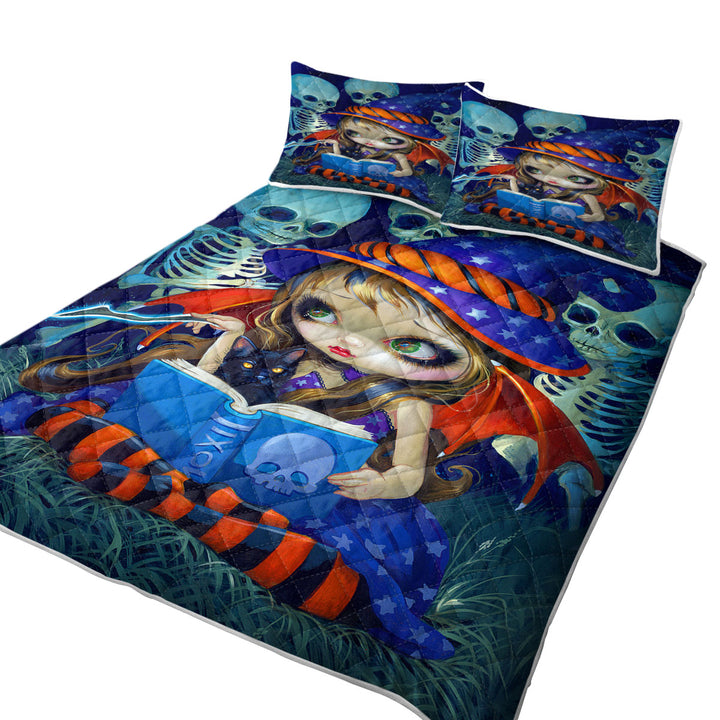 Cute Little Halloween Witch Skeleton Magic King Size Quilt