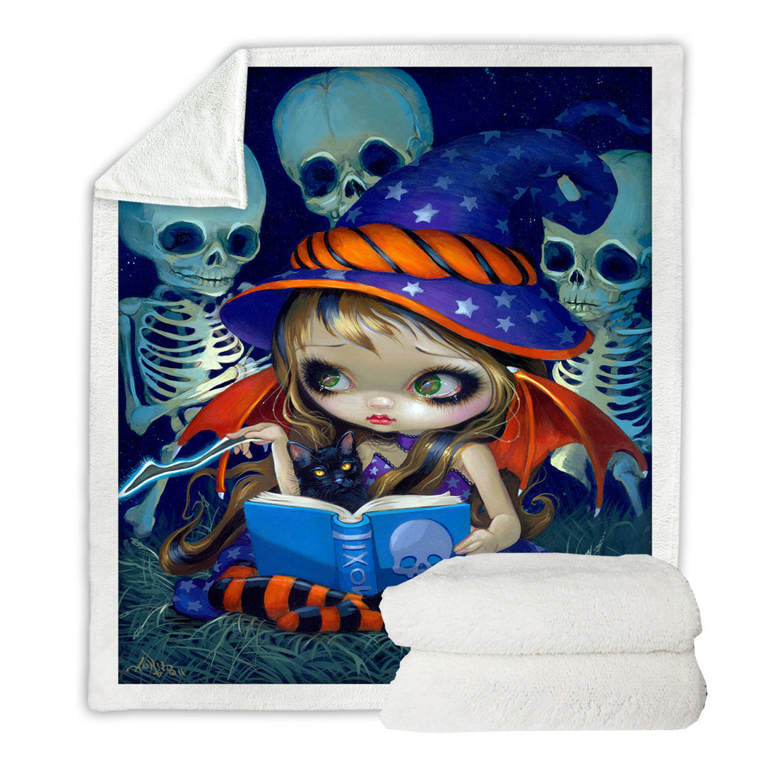 Cute Little Halloween Witch Skeleton Throw Blanket