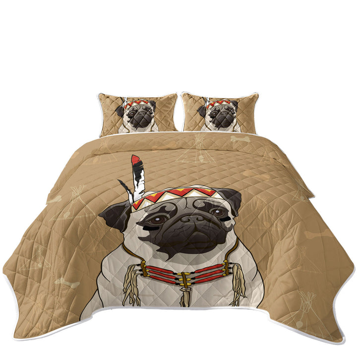 Cute Native American Chief Pug Twin Quilt