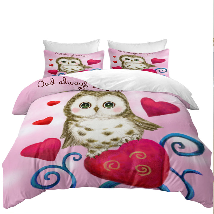 Cute Owl Always Love You Red Hearts California King Duvet Cover