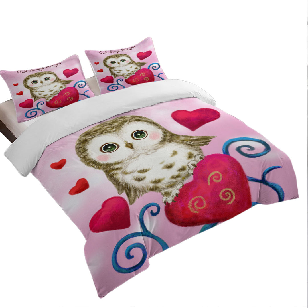 Cute Owl Always Love You Red Hearts Coverlets