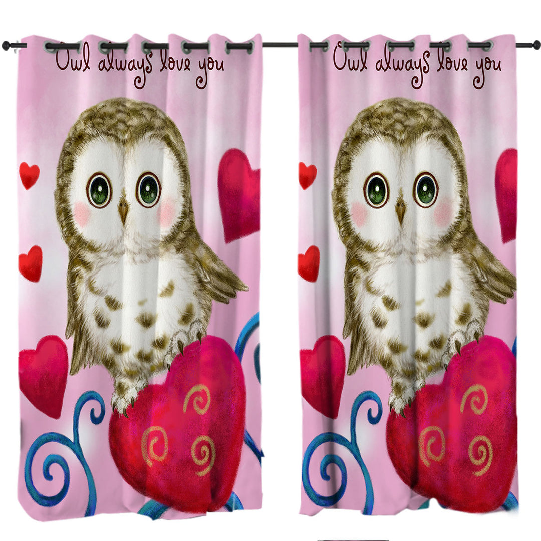 Cute Owl Always Love You Red Hearts Curtain
