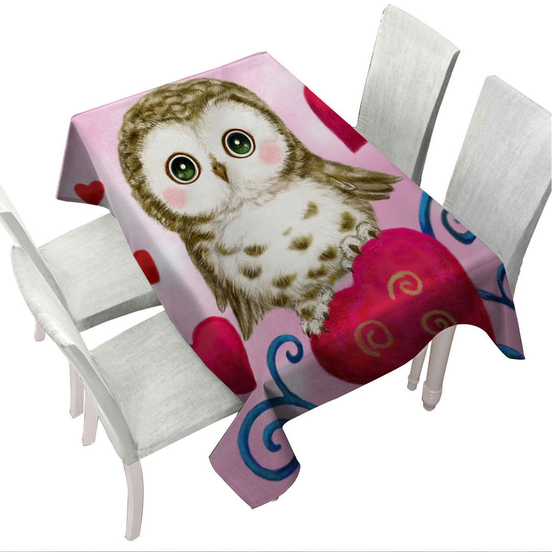Cute Owl Always Love You Red Hearts Tablecloth
