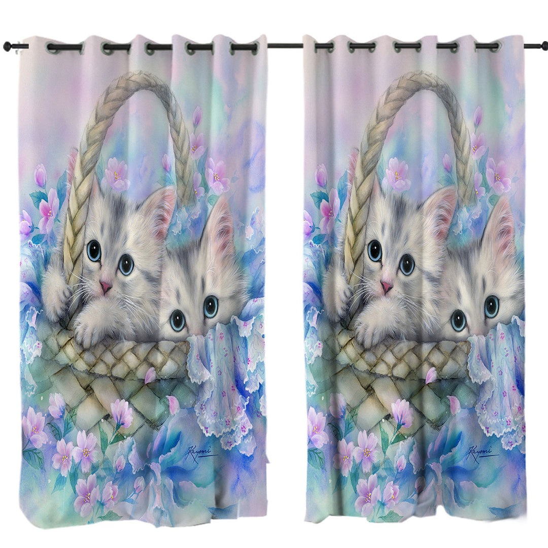 Cute Painting for Kids Two Kittens in Flower Basket Curtain