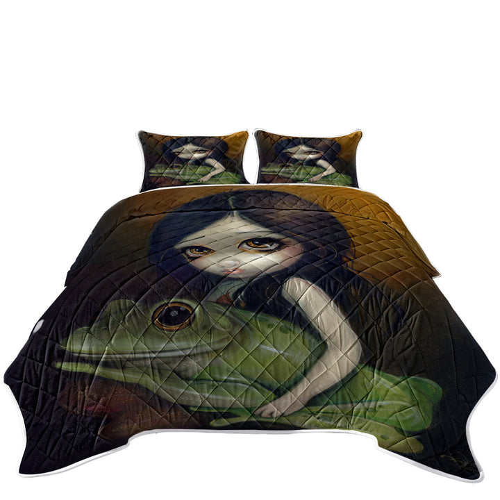 Cute Paintings Little Frog Girl Quilt
