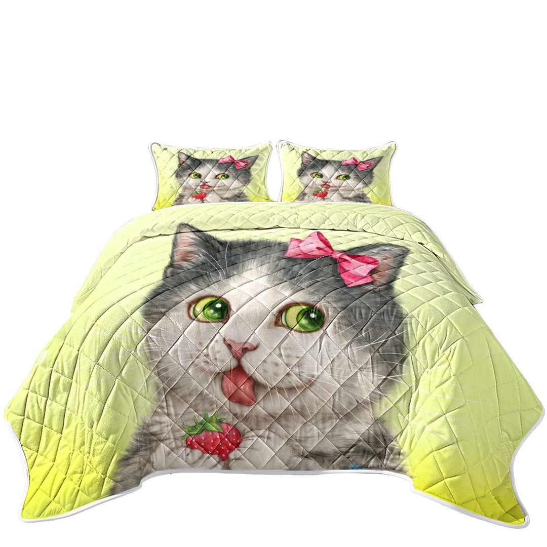 Cute Paintings Strawberry Love Girly Kitten Coverlet