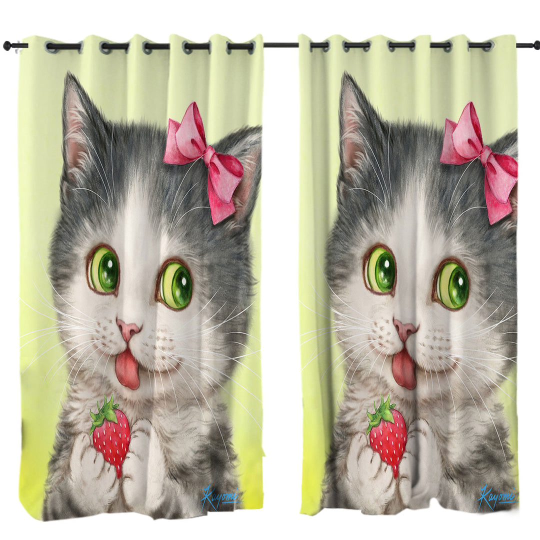 Cute Paintings Strawberry Love Girly Kitten Drapery